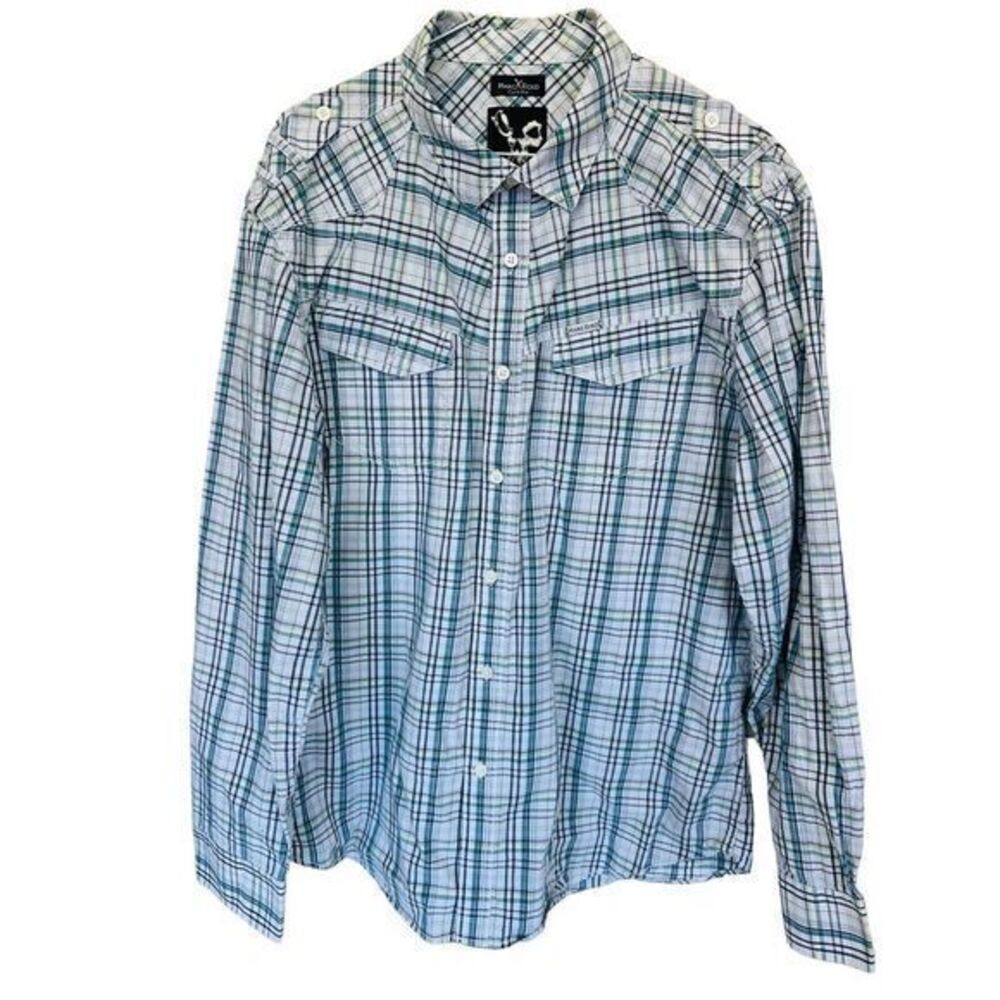 Marc Ecko Cut & Sew Green Black‎ Yellow White Plaid Shirt Button Long Sleeve XL